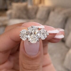 100% 925 Sterling Silver Three-Stone Oval Pavé Engagement Ring